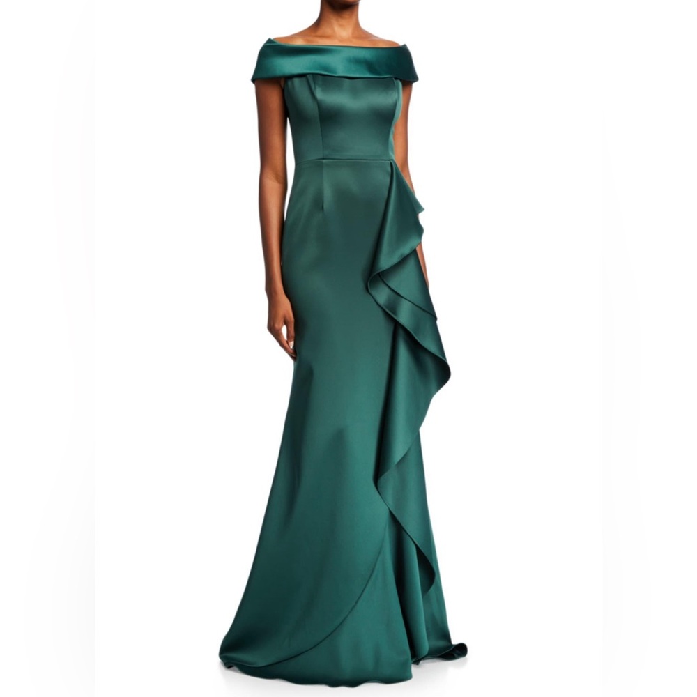 Teri Jon Off shoulder cascading ruffle size 12 Emerald Green